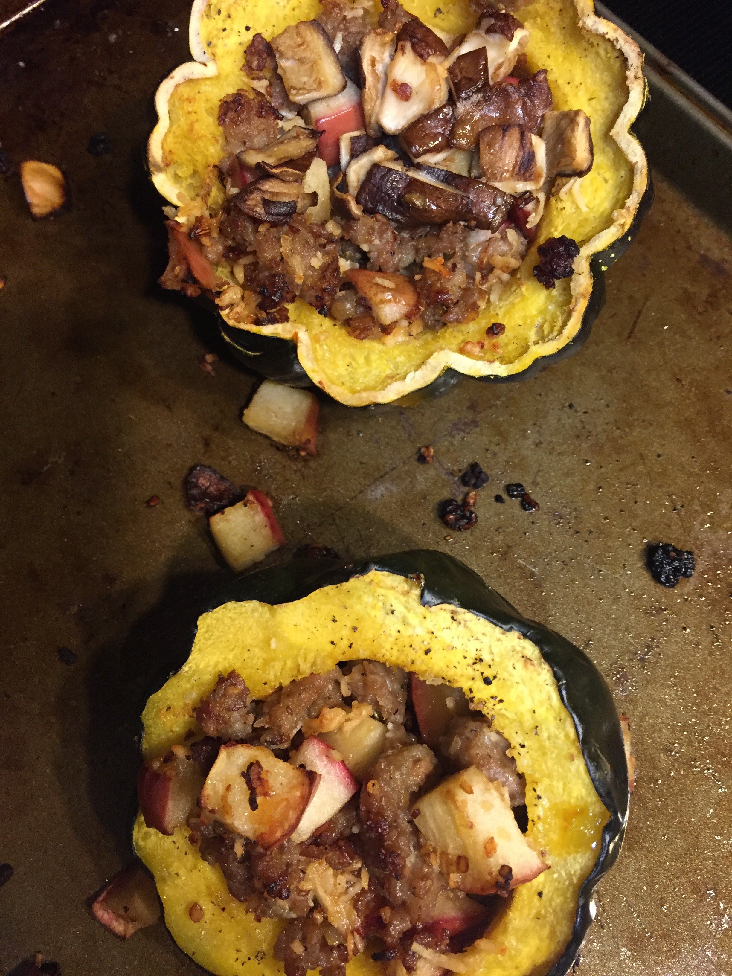 Acorn squash stuffed with apple and sausage